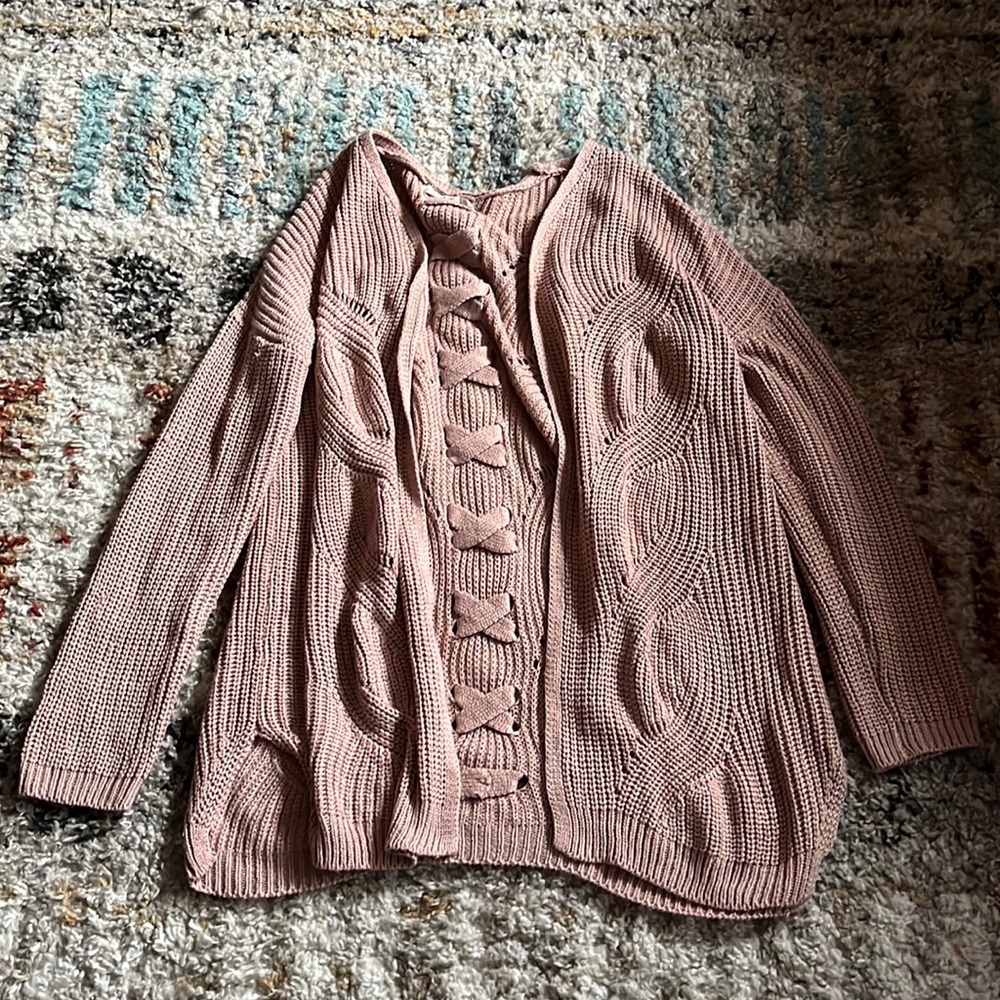 blush pink sweater with criss-cross on back. size xl! like new!!